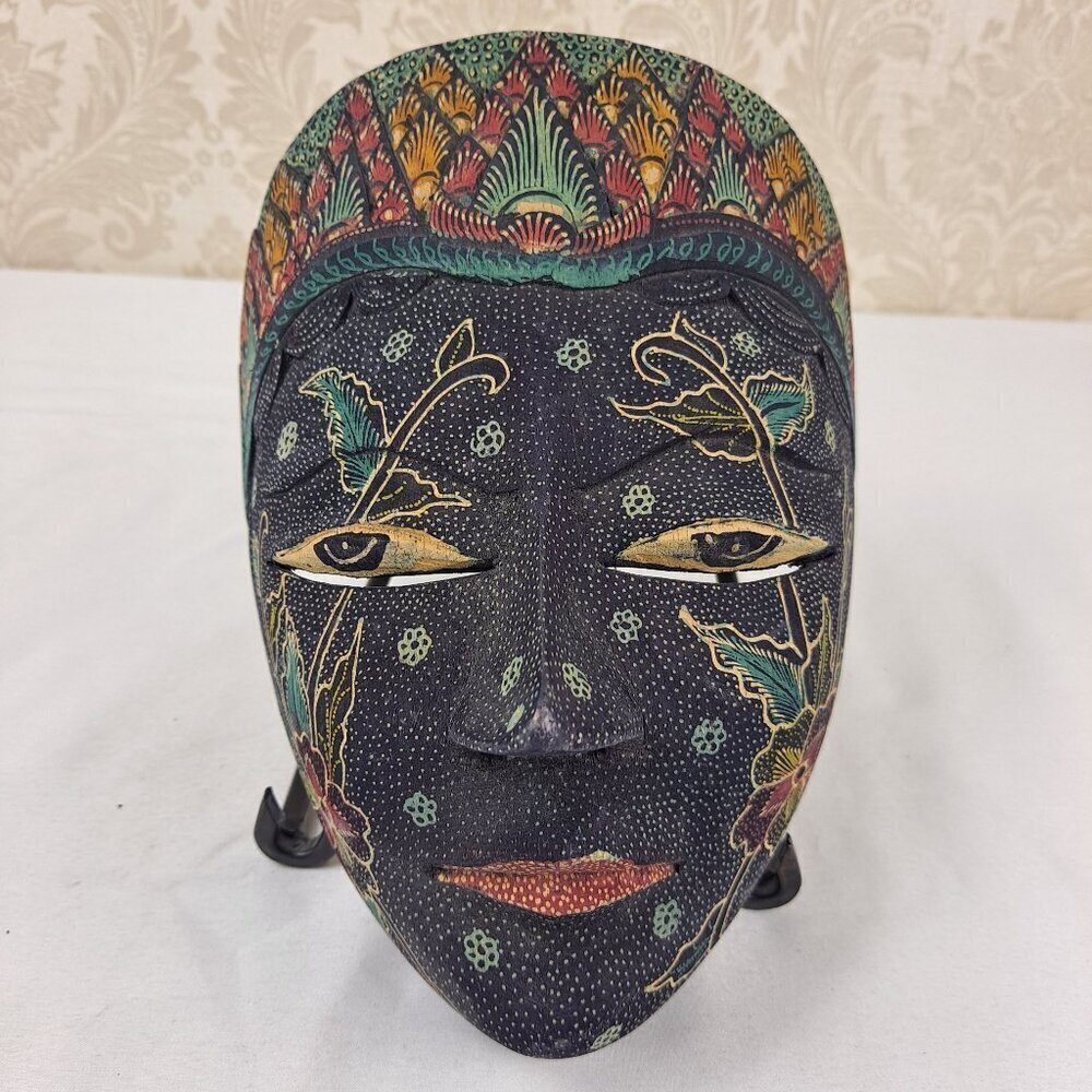 Indonesian Decor Traditional Mask Handmade Painted Black Green Red Folk Art